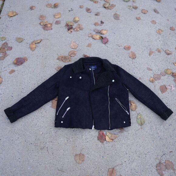 AE Faux Suede Moto Jacket Black Sherpa Lined Women's M Zip Up Winter - Picture 2 of 15